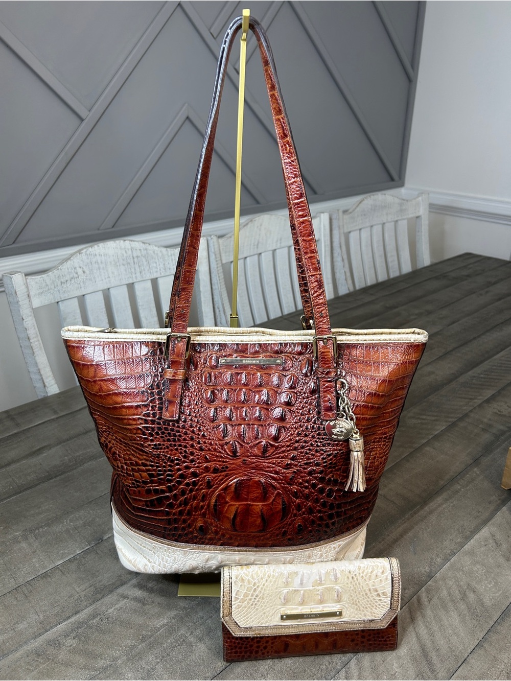 Brahmin Croc Embossed Two Tone Leather Tote Bag & Matching Wallet Set